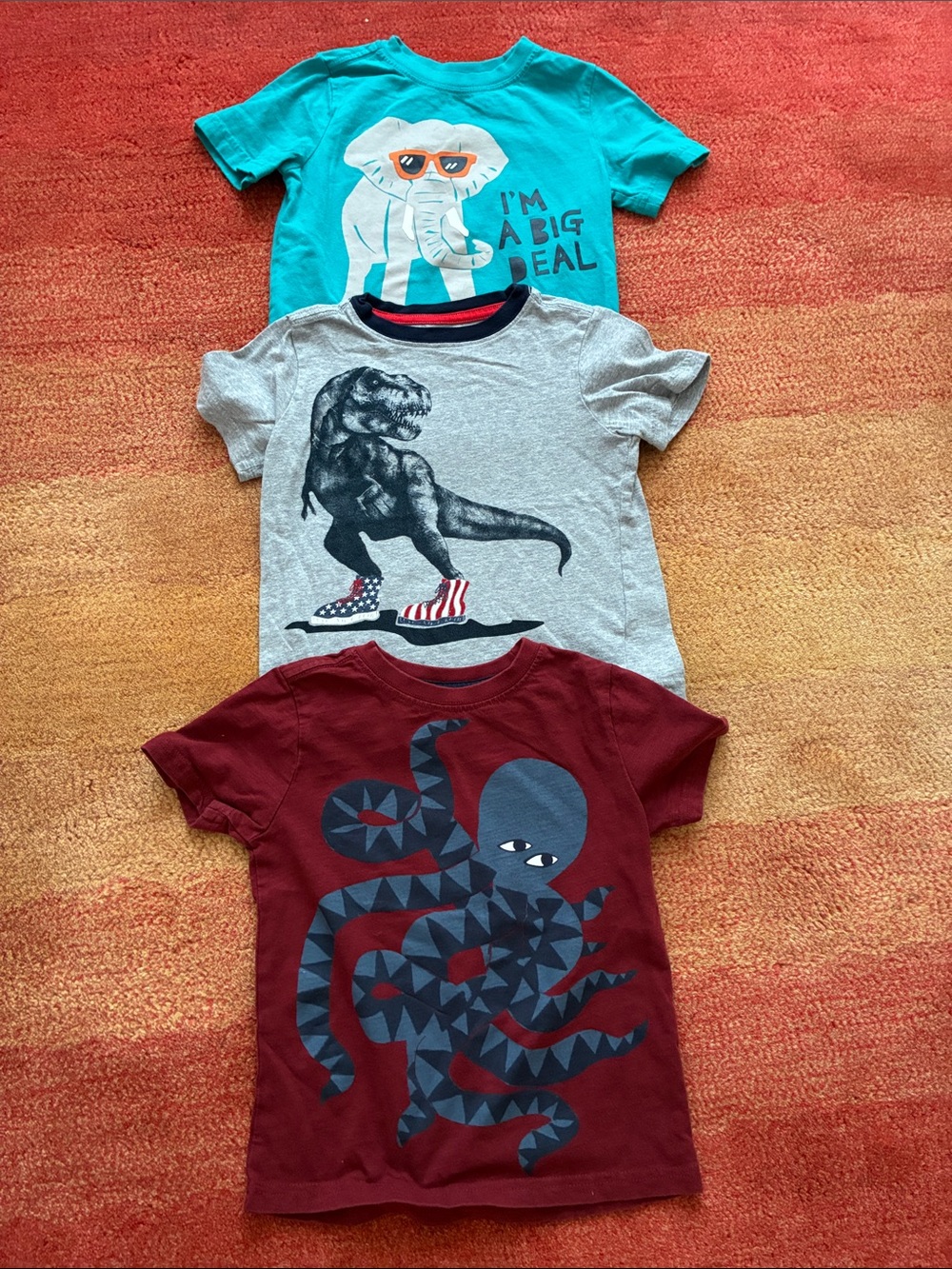 Set of 3 Gymboree Teal Elephant, Gray Dino & Maroon Octopus Graphic Tees, 3T
